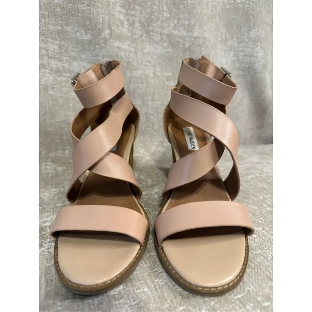 Steve Madden Women's Elita Leather Stacked Heel Strappy Sandals Natural Size 8.5